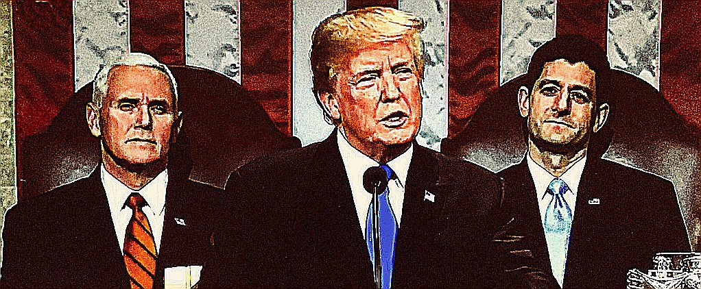 Trump & Friends Trump gives the 2018 State of the Union address with Vice President Pence and Speaker Ryan in the background.